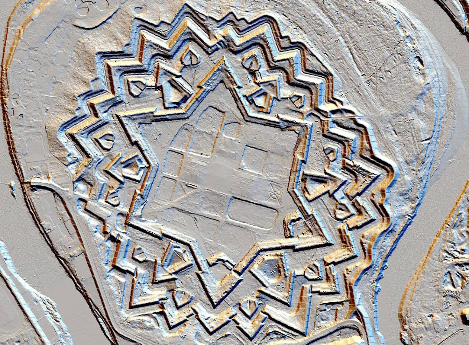 Terrain visualisation revealing the geometry of a fortified landscape.