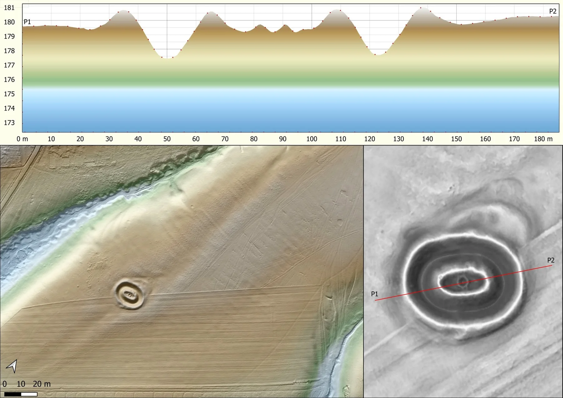 Terrain profiles and relief visualisations used together to examine surface morphology.