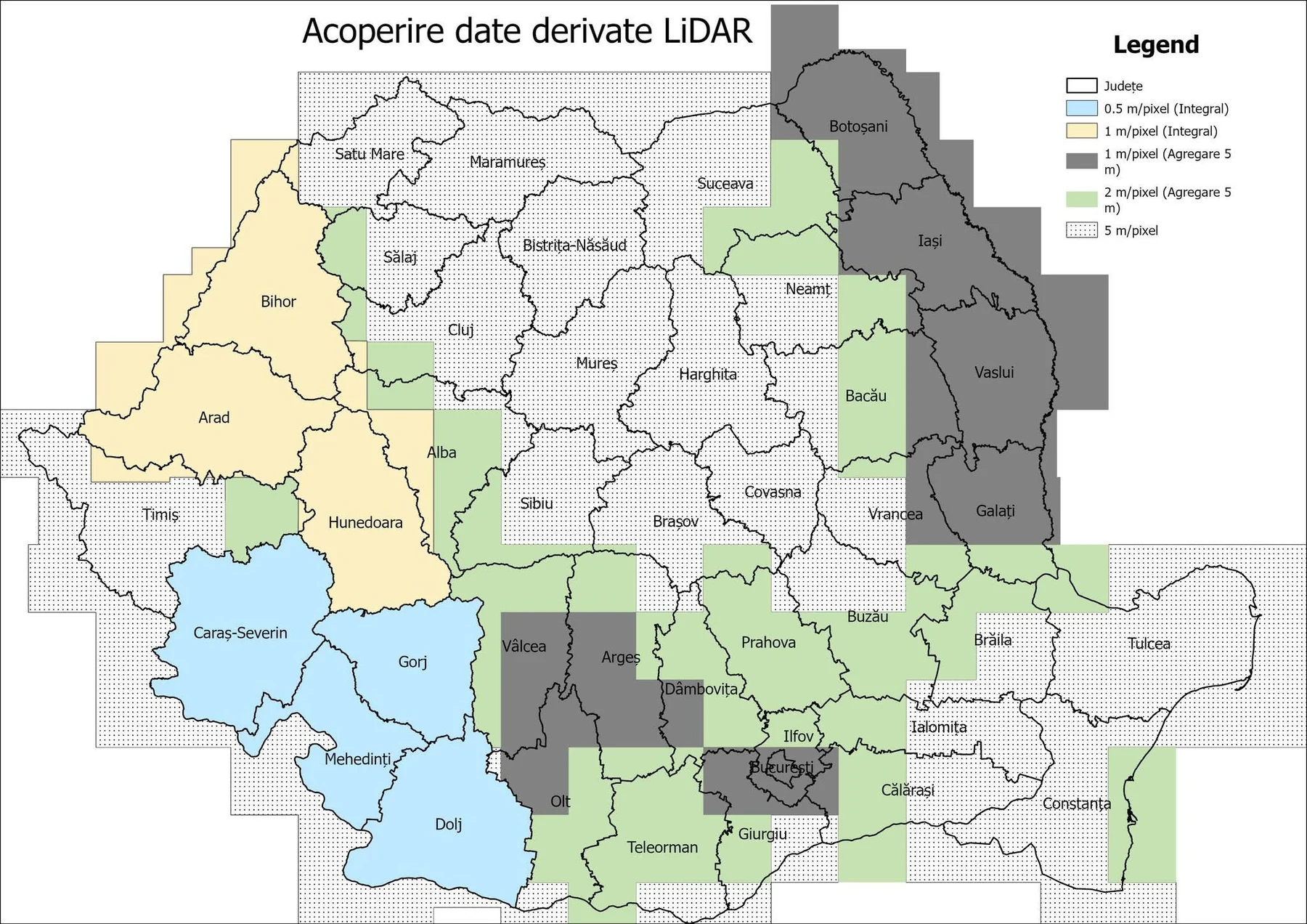 Romanian LiDAR-derived data coverage map. Consult the free viewer for available coverage; this image is illustrative.